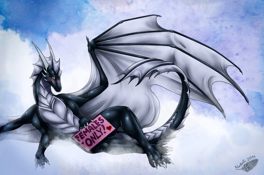2014 claws day digital_media_(artwork) dragon english_text feral horn lying male membranous_wings natoli nude outside sign smile spines text wings