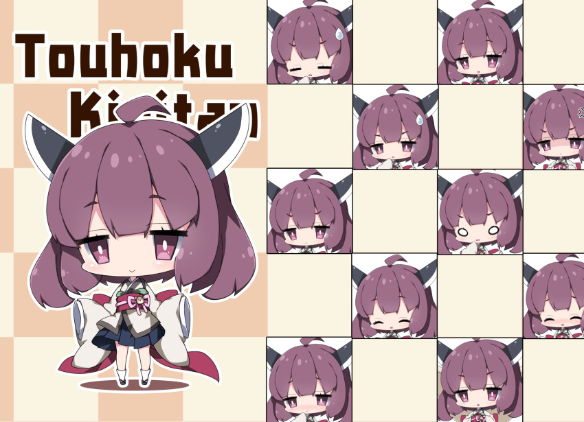 1girl :&lt; :d ^_^ ahoge anger_vein bangs black_footwear blue_skirt blush brown_eyes brown_hair character_name checkered checkered_background chibi closed_eyes closed_mouth commentary_request expressions eyebrows_visible_through_hair eyes_closed head_tilt headgear highres japanese_clothes kimono long_sleeves milkpanda multiple_views nose_blush obi open_mouth parted_lips pleated_skirt sash skirt sleeves_past_fingers sleeves_past_wrists smile socks sweatdrop touhoku_kiritan triangle_mouth voiceroid white_kimono white_legwear wide_sleeves