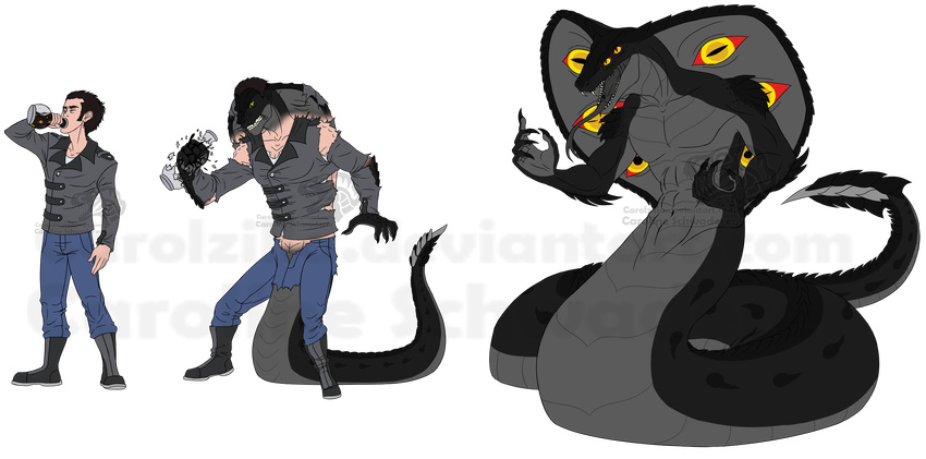 4_eyes anthro boots carolzilla claws clothing cobra footwear four_eyes human jacket jeans male mammal multi_eye naga onom pants potion reptile scalie shirt snake solo tongue tongue_out torn_clothing transformation