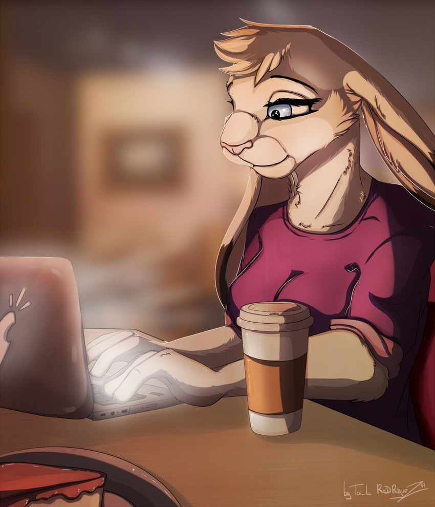 anthro beverage blue_eyes blurred_background clothed clothing coffee computer digital_media_(artwork) eyelashes female fur lagomorph laptop mammal rabbit smile solo tai_lung_(artist) tan_fur