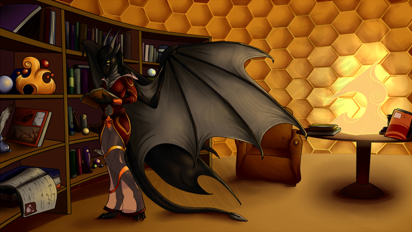 anthro barefoot book detailed_background digital_media_(artwork) dragon female horn inside membranous_wings natoli reading smile standing wings yellow_eyes