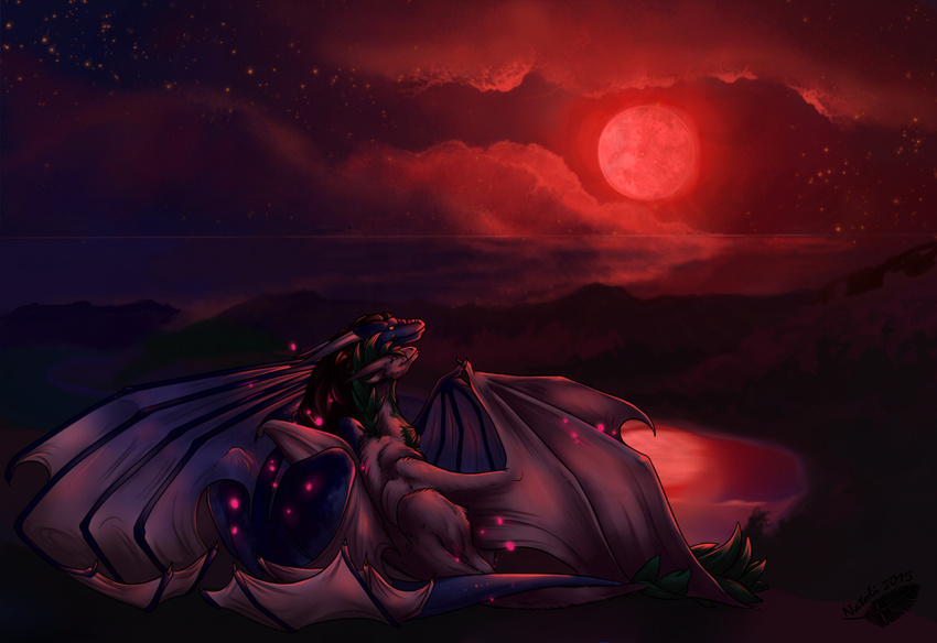 2015 black_hair detailed_background digital_media_(artwork) dragon duo fur furred_dragon green_hair hair horn membranous_wings moon natoli night outside sky white_fur wings