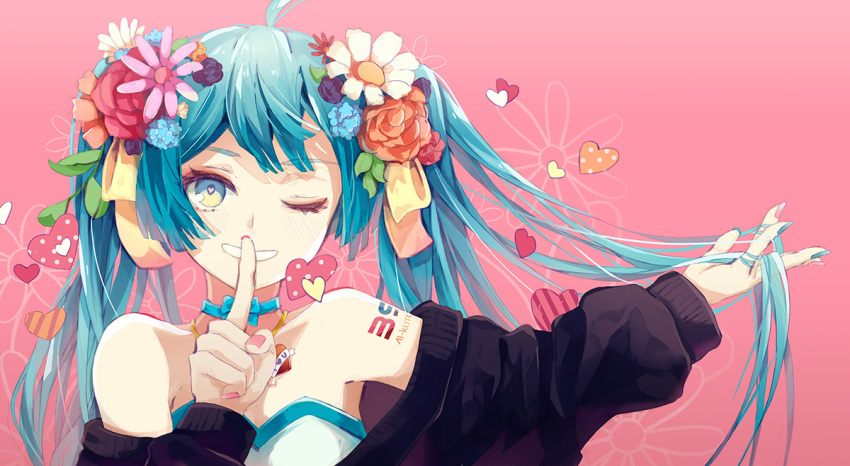 1girl ai_kotoba_iii_(vocaloid) bangs bare_shoulders black_jacket blue_bow blue_choker blue_eyes blue_flower blue_hair blue_nails blush bow brown_flower brown_rose choker commentary_request eyebrows_visible_through_hair finger_to_mouth fingernails flower hair_bow hair_flower hair_ornament hatsune_miku heart hiro_chikyuujin jacket long_hair long_sleeves multicolored multicolored_nails nail_polish off_shoulder one_eye_closed pink_background pink_flower puffy_long_sleeves puffy_sleeves red_flower red_nails red_rose rose shushing solo twintails upper_body vocaloid white_flower yellow_bow