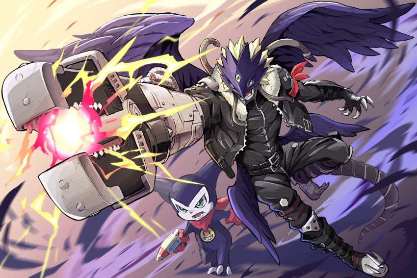 2boys arm_scarf beelzebumon belt black_belt black_bodysuit black_jacket black_wings blonde_hair bodysuit buckle claws commentary_request digimon energy_gun fangs feathered_wings firing floating folded_leg full_body fur_jacket gauntlets gloves gradient gradient_background green_eyes gun gunjima_souichirou highres holding holding_gun holding_weapon impmon jacket looking_at_viewer male_focus mask multiple_belts multiple_boys multiple_wings open_clothes open_jacket open_mouth ray_gun red_gloves red_scarf running scarf serious shin_guards short_hair smiley_face spikes tail third_eye weapon wings