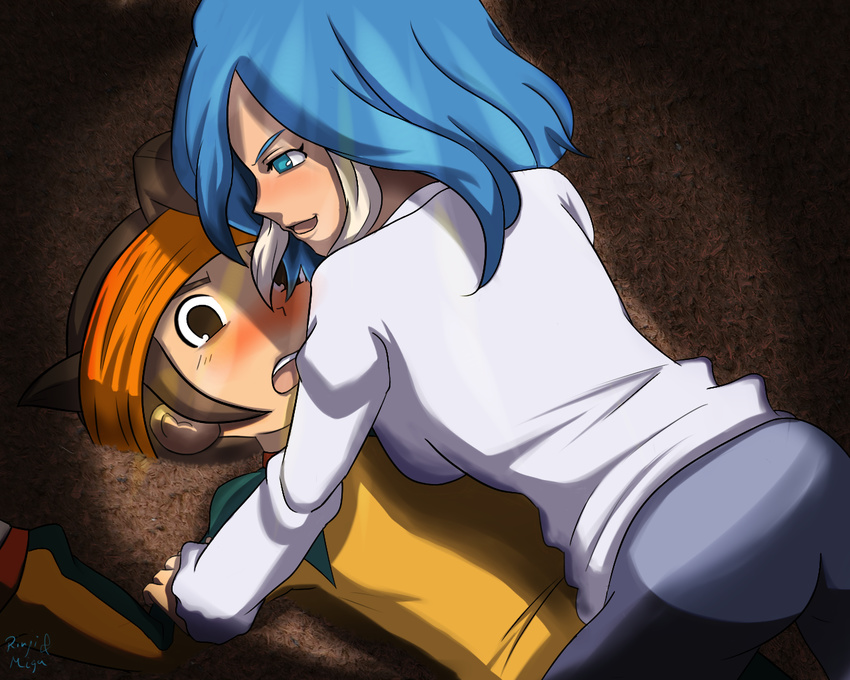 1girl :d ahoge all_fours arm_grab ass assertive black_eyes black_hair blue_eyes blue_hair blue_pants blush breasts collaboration colorized dark dutch_angle embarrassed endou_mamoru eye_contact from_above furrowed_eyebrows girl_on_top half-closed_eyes hand_up headband inazuma_eleven_(series) long_sleeves looking_at_another looking_down lying medium_breasts miga multicolored_hair naughty_face nose_blush on_back open_mouth pants pinned profile raglan_sleeves restrained rinji_(bonus-level) shirt short_hair sidelocks signature smile two-tone_hair urubida v-shaped_eyebrows white_hair white_shirt wide-eyed yellow_shirt