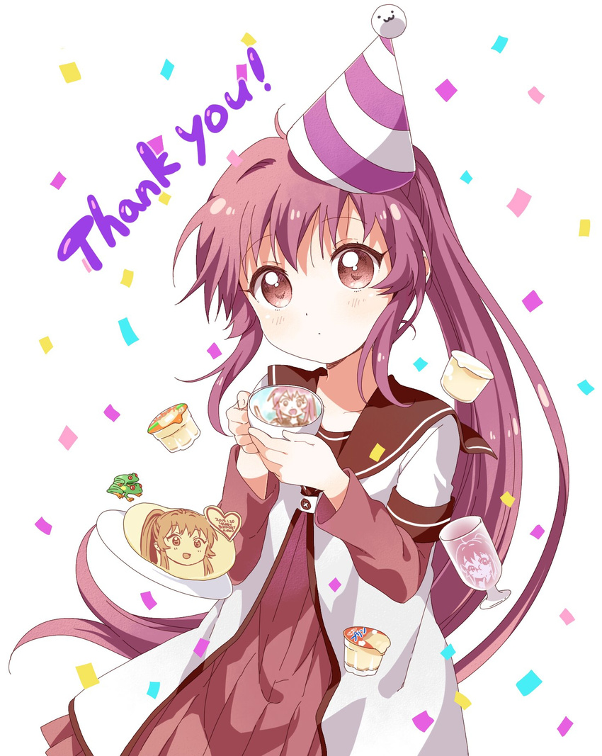 bangs birthday closed_mouth commentary_request confetti dress expressionless food frog hat highres ice_cream latte_art long_hair long_sleeves looking_at_viewer namori nanamori_school_uniform party_hat ponytail purple_eyes purple_hair sailor_dress school_uniform serafuku short_over_long_sleeves short_sleeves sidelocks solo sugiura_ayano thank_you yuru_yuri