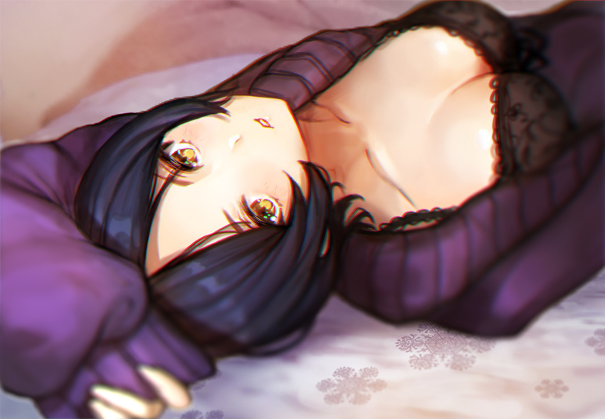 bad_id bad_pixiv_id bed_sheet black_bra black_hair blurry bra breasts cleavage clothes_pull collarbone depth_of_field hayami_kanade idolmaster idolmaster_cinderella_girls lace lace-trimmed_bra long_sleeves looking_at_viewer lying medium_breasts mia_(miaflocon) on_back on_bed parted_lips purple_sweater short_hair sleeves_past_wrists snowflake_print solo sweater sweater_pull underwear upper_body yellow_eyes
