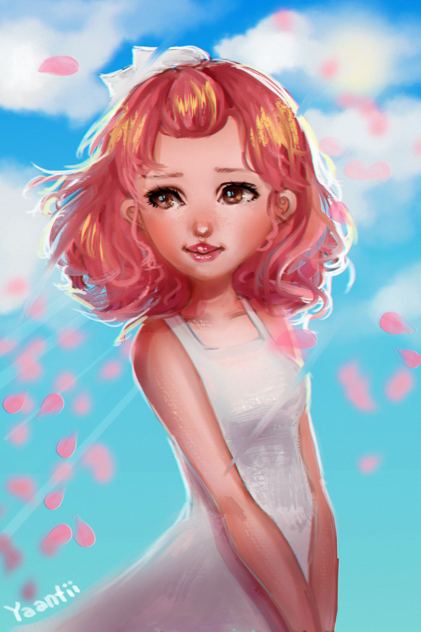1girl absurdres artist_name blue_sky breasts brown_eyes closed_mouth cloud commentary day dress english_commentary eyelashes hair_ribbon highres huge_filesize lips looking_to_the_side original pink_hair pink_lips pink_petals ribbon short_hair sky sleeveless sleeveless_dress small_breasts solo sunlight v_arms white_dress white_ribbon yanting_sun