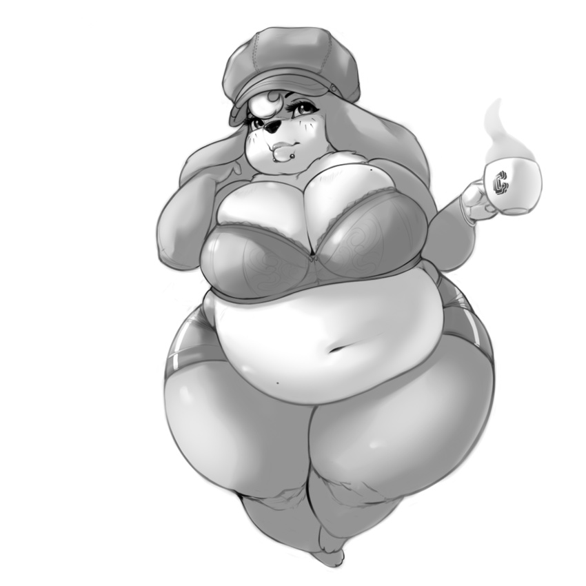 anthro big_breasts breasts canine conditional_dnp dog female greyscale hat huge_breasts mammal monochrome obese overweight smile solo steam tea_cup wide_hips xopachi