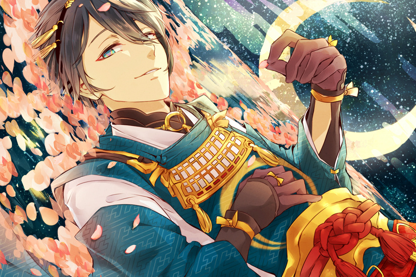 black_gloves black_hair blue_eyes commentary_request crescent_moon dutch_angle egasumi gari_(apollonica) gloves gold_trim japanese_clothes looking_at_viewer lying male_focus mikazuki_munechika moon on_back partially_submerged petals sayagata sky smile solo star_(sky) starry_moon starry_sky tassel touken_ranbu water