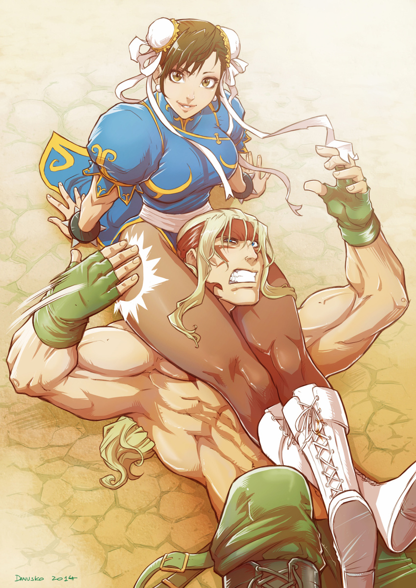1girl abs alex_(street_fighter) asphyxiation blonde_hair blue_eyes bracelet breasts brown_eyes brown_hair bun_cover china_dress chinese_clothes chun-li danusko double_bun dress femdom fingerless_gloves gloves headband highres jewelry large_breasts long_hair muscle pantyhose scissorhold shirtless short_hair signature spiked_bracelet spikes strangling street_fighter street_fighter_iii_(series) tap_out thighs