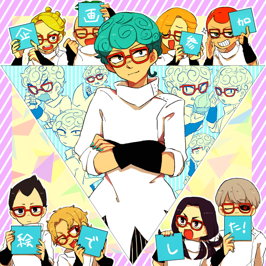 aqua_hair aqua_nails black_hair black_nails black_sclera blonde_hair cellphone closed_eyes cosplay crossed_arms curly_hair fang formaggio gelato ghiaccio ghiaccio_(cosplay) glasses grey_hair grin highres illuso jojo_no_kimyou_na_bouken melone multiple_boys nail_polish one_eye_closed open_mouth pesci phone prosciutto red_eyes red_hair red_nails risotto_nero ruri_(347sankaku) smile sorbet sparkle tongue tongue_out translation_request