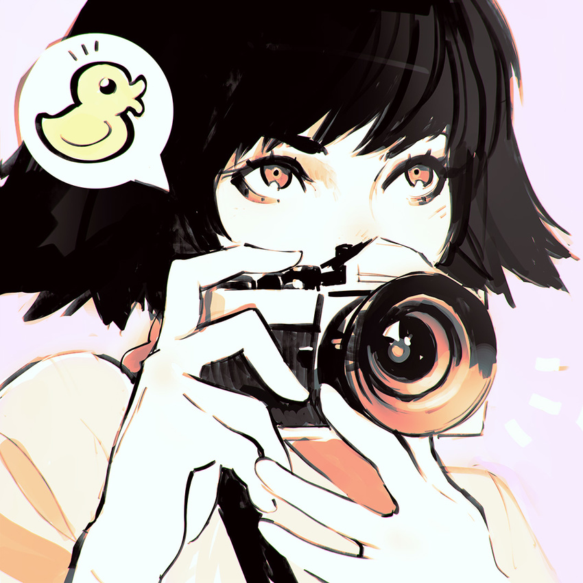 bird black_hair brown_eyes camera duck holding ilya_kuvshinov original shirt short_hair solo speech_bubble spoken_animal upper_body white_skin yellow_shirt