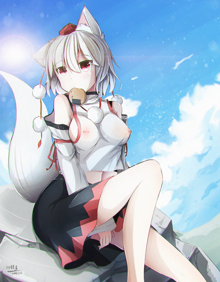 animal_ears bare_shoulders breasts chromatic_aberration covered_nipples crop_top detached_sleeves food food_in_mouth hat hell.k highres inubashiri_momiji lens_flare looking_at_viewer medium_breasts midriff miniskirt nipples pom_pom_(clothes) red_eyes see-through short_hair sideboob silver_hair sitting sitting_on_rock skirt solo tail tokin_hat touhou wolf_ears wolf_tail