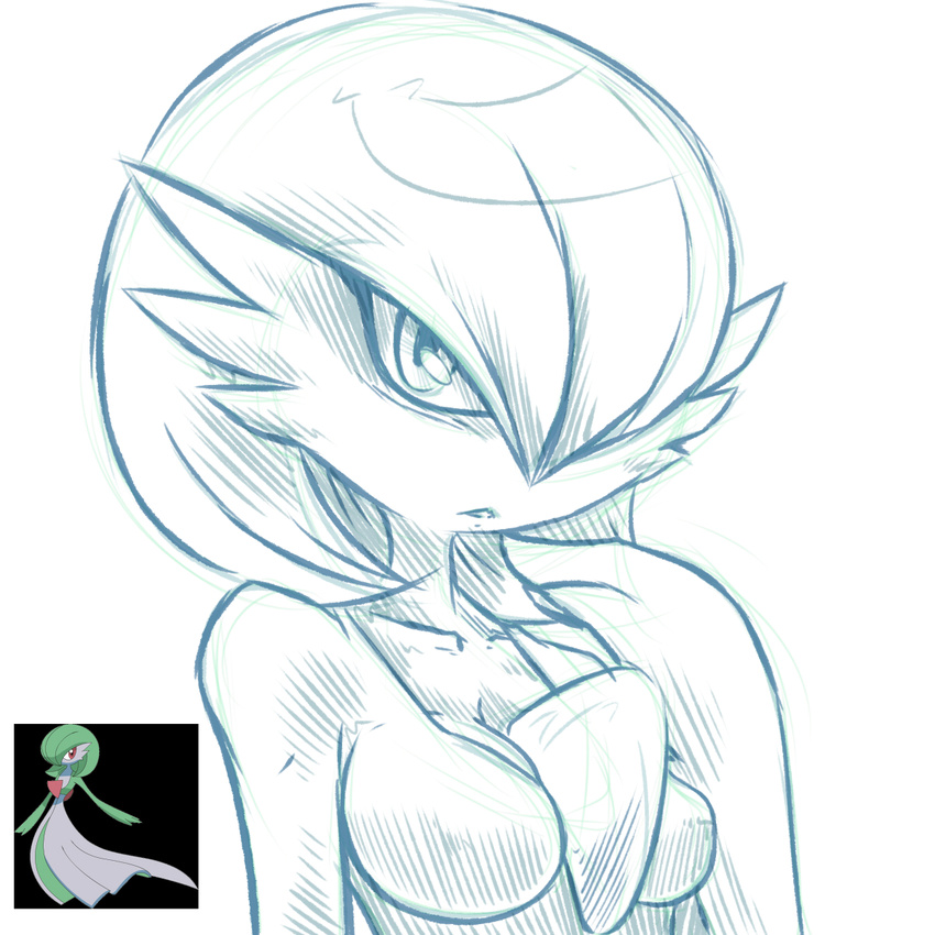 2017 breasts cleavage clothed clothing female gardevoir green_and_white looking_at_viewer monochrome nintendo plagueofgripes pok&eacute;mon pok&eacute;morph simple_background solo video_games white_background