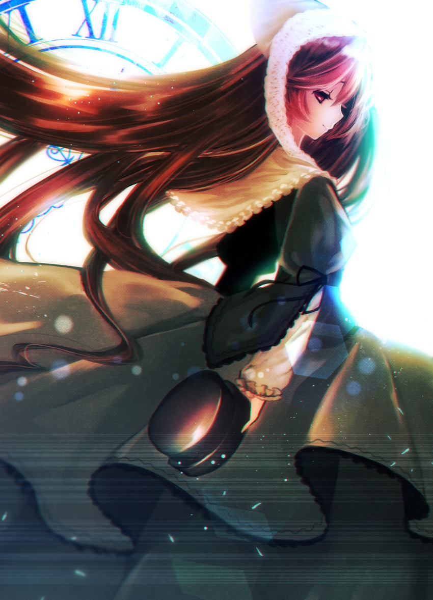 bad_id bad_pixiv_id black_hat brown_hair chromatic_aberration clock closed_mouth doll dress expressionless from_side green_dress hair_between_eyes hat hat_removed head_scarf headwear_removed highres holding holding_hat lens_flare long_hair lushuao profile red_eyes roman_numerals rozen_maiden souseiseki suiseiseki very_long_hair white_background