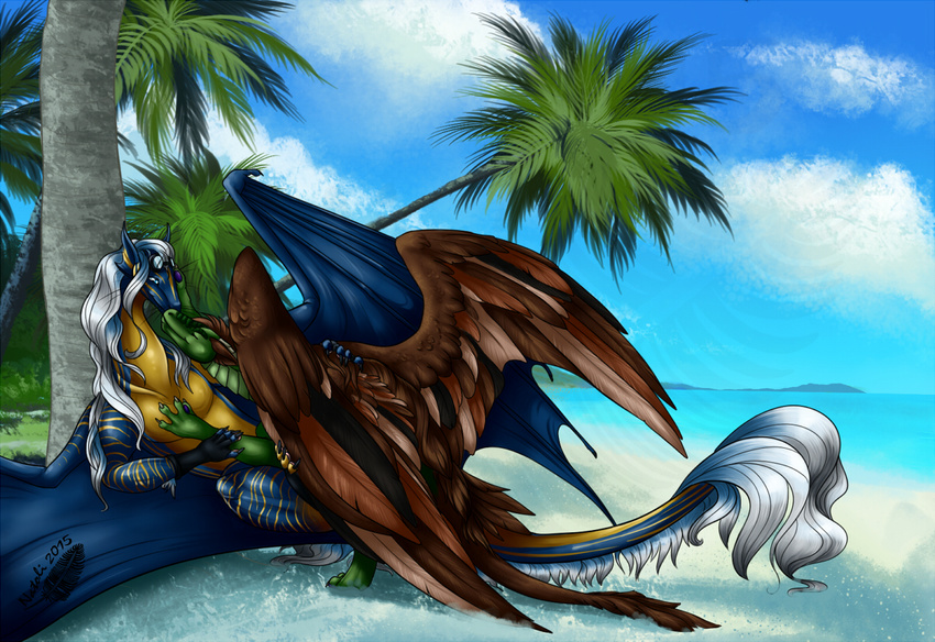 2015 blue_eyes brown_feathers day detailed_background digital_media_(artwork) dragon duo eyes_closed feathered_wings feathers feral hair membranous_wings natoli outside sky smile tree white_hair wings