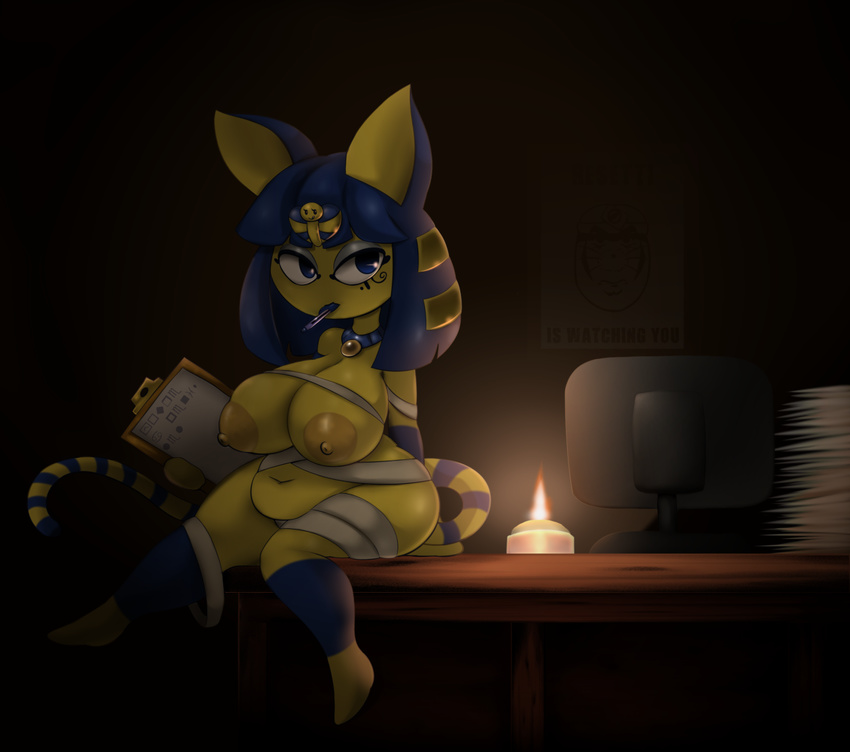 animal_crossing ankha anthro bandage belly big_belly big_breasts blue_eyes blue_hair breasts candle cat computer egyptian elfdrago feline female fur hair jewelry mammal mole mr._resetti navel necklace nintendo nipples poster slightly_chubby solo video_games wrappings yellow_fur