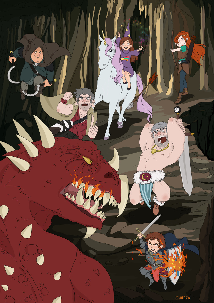 4boys armor brown_hair cape dipper_pines dragon eugenia_beilschmidt freckles gravity_falls greaves hat highres knight long_hair mabel_pines multiple_boys multiple_girls red_hair role_play shield siblings smile soos stanford_pines stanley_pines sweater sword turtleneck twins weapon wendy_corduroy