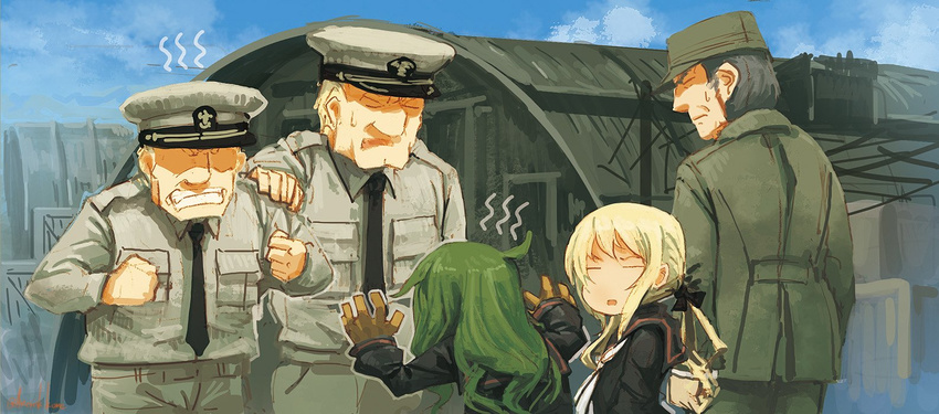 3boys asterisk_kome black_hair blonde_hair breast_pocket clenched_hands clenched_teeth closed_eyes commentary from_behind gloves green_hair hand_on_another's_shoulder hat kantai_collection long_hair long_sleeves military military_uniform multiple_boys multiple_girls nagatsuki_(kantai_collection) peaked_cap pocket satsuki_(kantai_collection) teeth twitter_username uniform