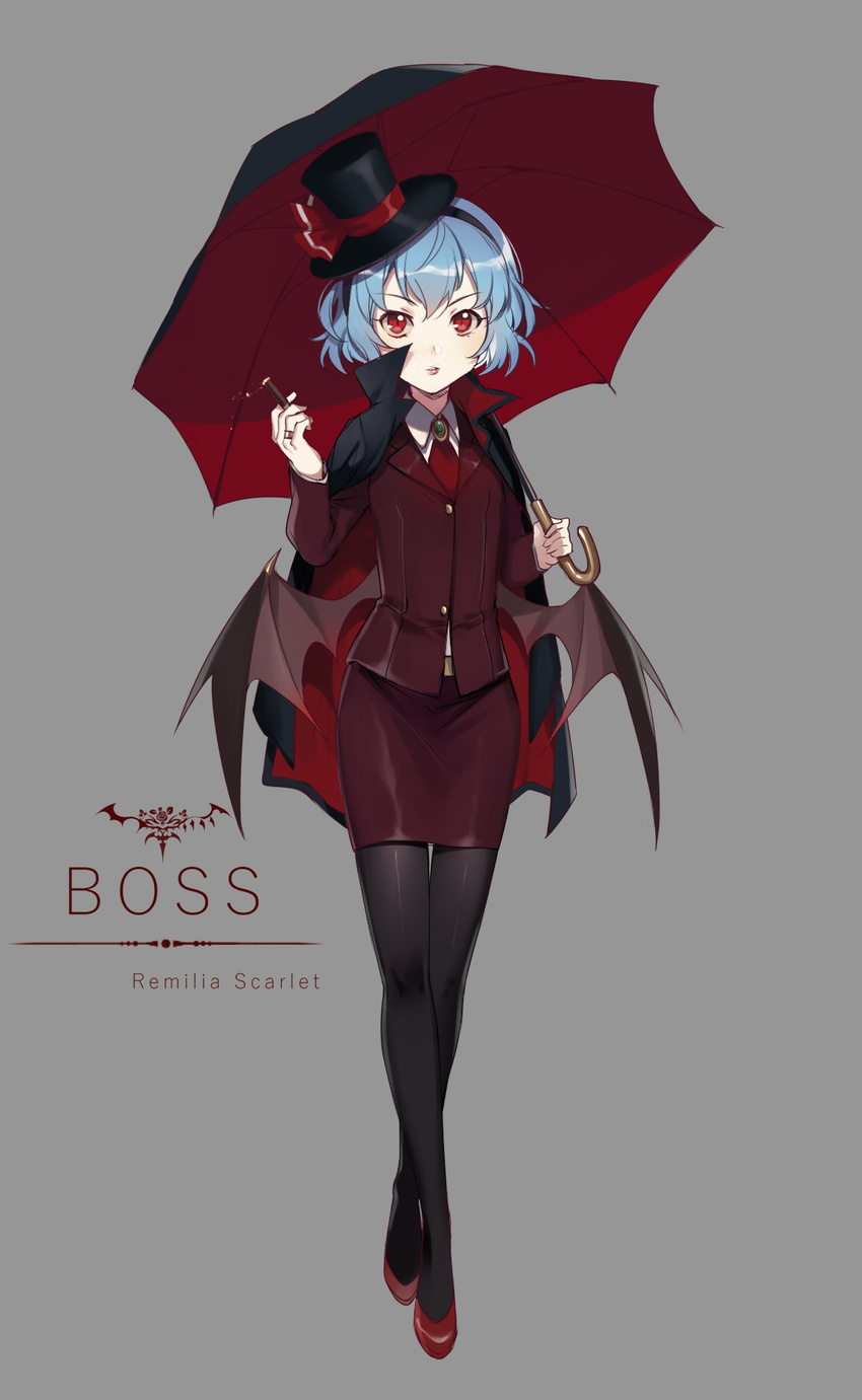 ascot black_cape black_hat black_legwear blue_hair brooch cape carrying_over_shoulder character_name cigar collared_shirt contemporary crossed_legs ekita_xuan english flat_chest full_body grey_background hat highres holding holding_umbrella jacket jewelry light_particles lipstick logo long_sleeves looking_at_viewer low_wings mafia makeup miniskirt pantyhose parted_lips pencil_skirt red_eyes red_footwear red_jacket red_lips red_skirt remilia_scarlet ring shiny shiny_clothes shiny_hair shirt shoes short_hair simple_background skirt skirt_set slit_pupils solo standing thigh_gap top_hat touhou umbrella watson_cross white_shirt wings