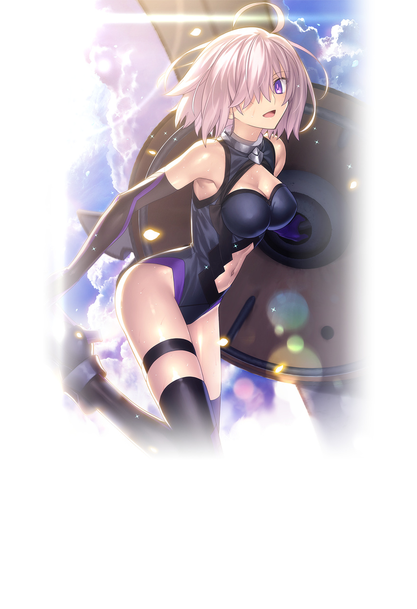 ahoge armpits bare_shoulders black_legwear bodysuit breasts cleavage cleavage_cutout cloud day elbow_gloves fate/grand_order fate_(series) gloves hair_over_one_eye high_heels highleg highleg_leotard highres holding_shield impossible_clothes impossible_leotard leg_up lens_flare leotard looking_at_viewer mash_kyrielight medium_breasts midriff navel navel_cutout official_art open_mouth purple_bodysuit purple_eyes purple_gloves purple_hair purple_legwear revealing_clothes shield short_hair skin_tight sky sleeveless smile solo sweat takeuchi_takashi thigh_strap thighhighs transparent_background
