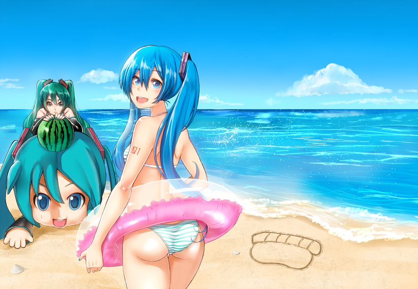 1girl beach bikini black_eyes blue_eyes blue_hair female food fruit green_hair hatsune_miku long_hair mikudayoo noboes swim_ring swimsuit twintails vocaloid water watermelon