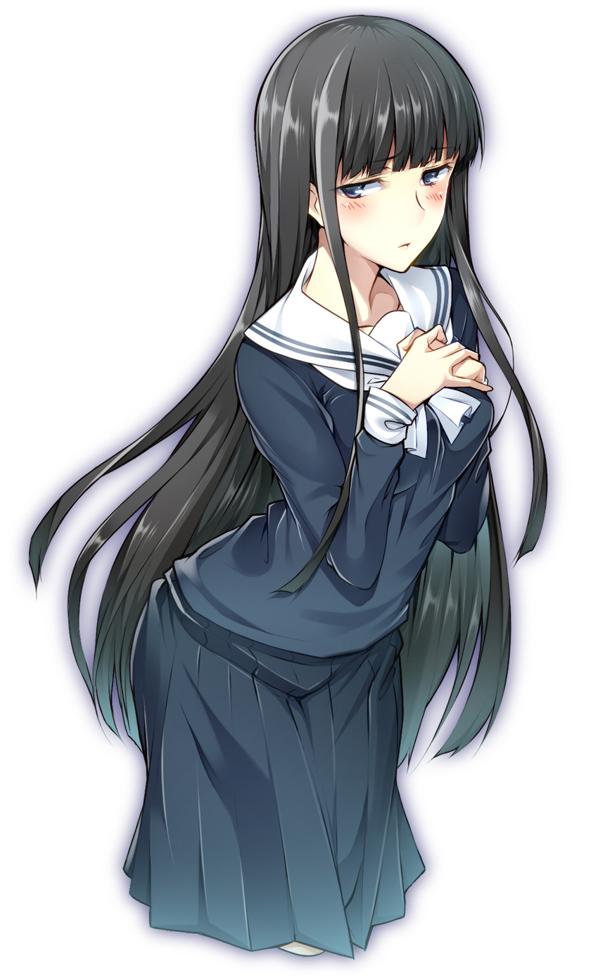 black_hair black_serafuku black_skirt blue_eyes blush commentary_request cowboy_shot cropped_legs highres hime_cut himegami_aisa long_hair long_sleeves looking_at_viewer nanao_(mahaya) parted_lips school_uniform serafuku sidelocks simple_background skirt solo to_aru_majutsu_no_index very_long_hair white_background