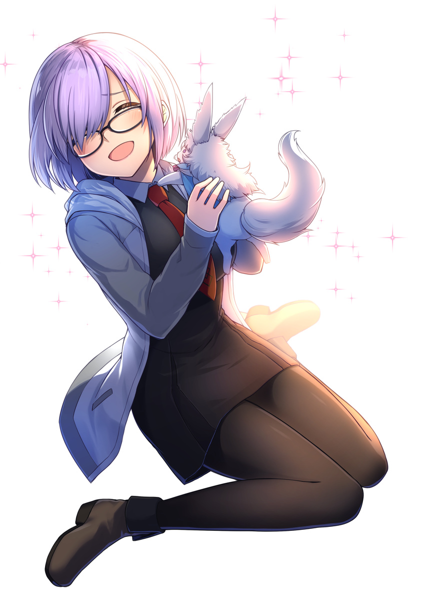 :d ^_^ black-framed_eyewear black_dress black_footwear black_legwear closed_eyes commentary_request dress fate/grand_order fate_(series) fou_(fate/grand_order) full_body glasses hair_over_one_eye highres hood hoodie lavender_hair long_sleeves mash_kyrielight necktie open_clothes open_hoodie open_mouth oyaji-sou pantyhose red_neckwear shoes short_dress short_hair sitting smile wariza
