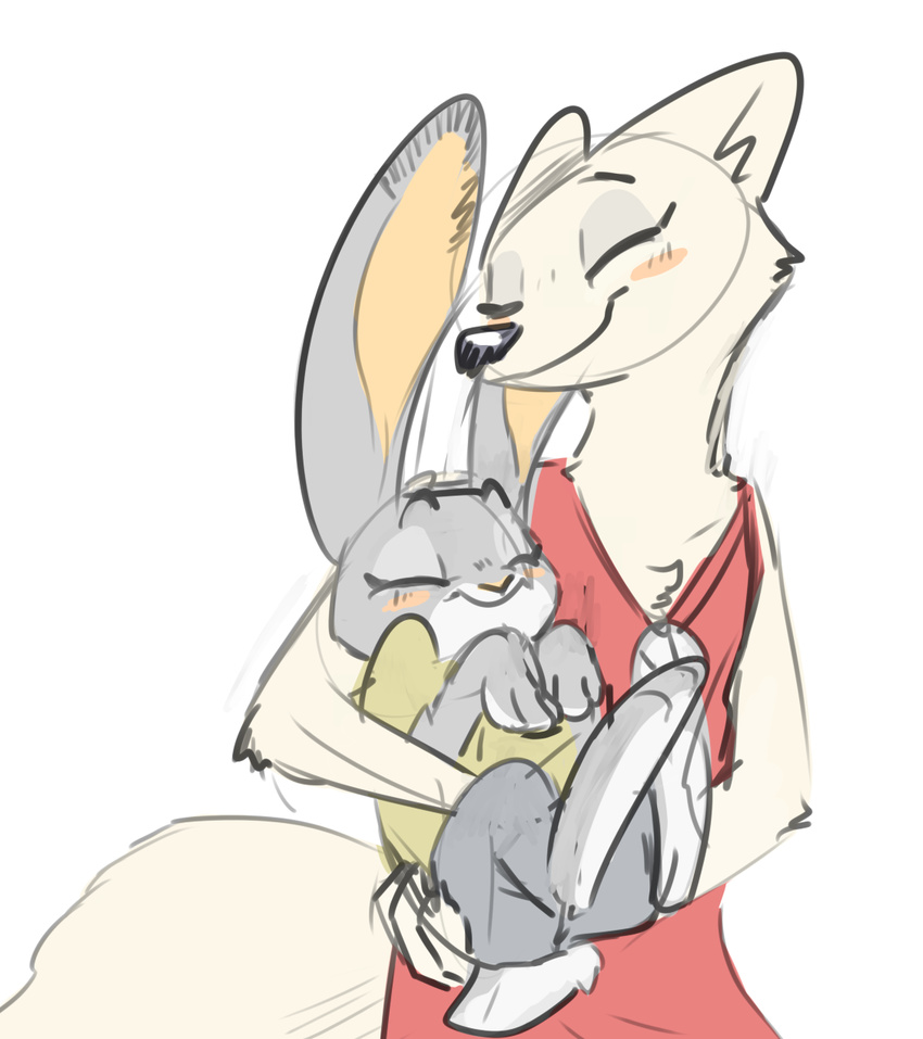 arctic_fox blush canine carrying chest_tuft clothed clothing cute disney duo female fox judy_hopps lagomorph mammal nobody_(artist) rabbit size_difference skye_(zootopia) smile tuft zootopia