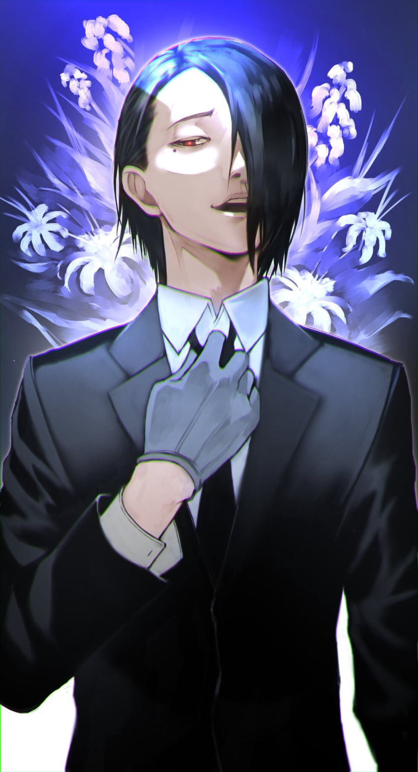1boy 55level black_hair black_jacket black_neckwear blue_gloves commentary_request flower formal gloves hair_over_one_eye half-closed_eye highres jacket looking_down male_focus mole mole_under_eye necktie one_eye_covered open_mouth red_eyes shirt short_hair solo tokyo_ghoul tokyo_ghoul:re upper_body washuu-furuta_souta_(tokyo_ghoul) white_shirt