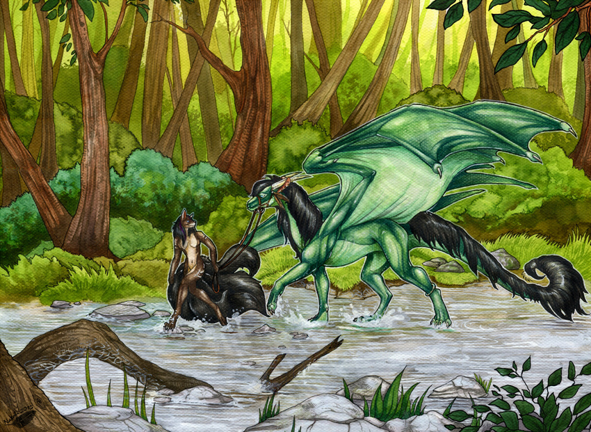 2015 anthro black_hair brown_fur canine day detailed_background digitigrade dragon female forest fox fur hair mammal membranous_wings natoli outside partially_submerged standing traditional_media_(artwork) tree water wings