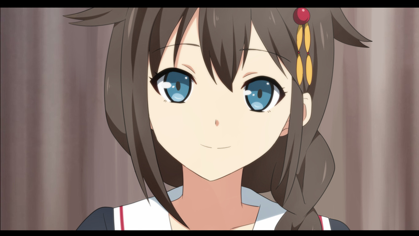 anime_coloring blue_eyes braid brown_hair close-up closed_mouth eyebrows_visible_through_hair face fake_screenshot hair_flaps hair_ornament hair_over_shoulder kantai_collection letterboxed looking_at_viewer portrait remodel_(kantai_collection) shigure_(kantai_collection) single_braid smile solo yukichi_(eikichi)