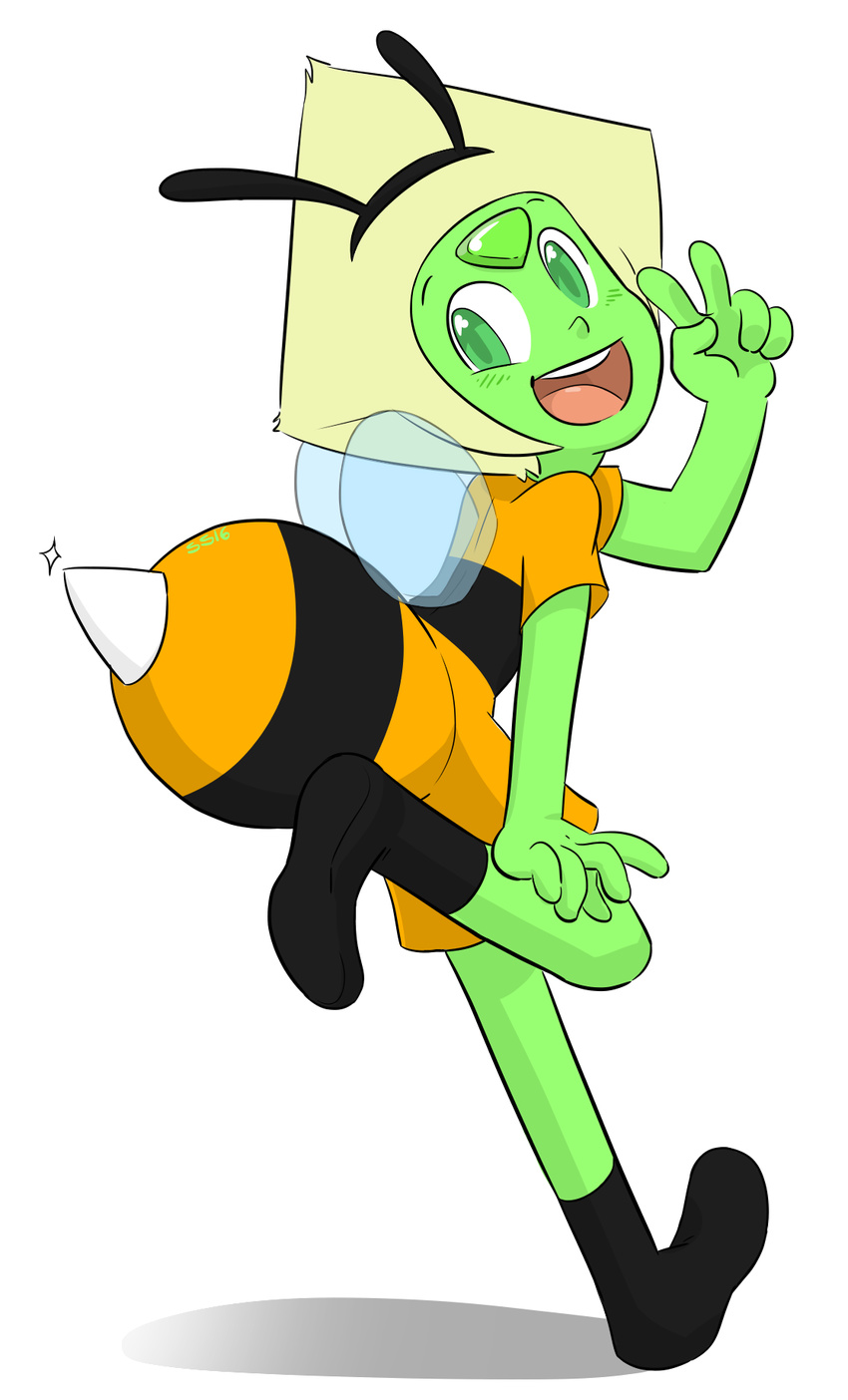 2016 alien animal_humanoid arthropod bee cartoon_network costume cubic-watermelon cute digital_media_(artwork) female gem_(species) happy humanoid insect looking_back monster_girl_(genre) open_mouth peridot_(steven_universe) simple_background smile solo steven_universe wide_eyed wings