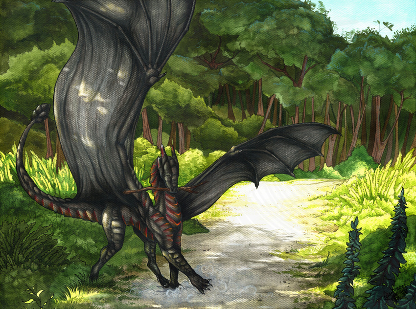 claws day dragon female feral forest grass membranous_wings natoli nude outside smile solo standing stick traditional_media_(artwork) tree wings