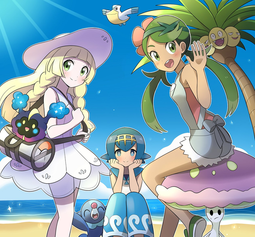 ^_^ ^o^ alolan_exeggutor alolan_form bag baggy_pants bangs bare_shoulders beach blonde_hair blue_hair blue_sailor_collar blunt_bangs blush braid closed_eyes closed_mouth cloud cosmog dark_skin day dress flower gen_3_pokemon gen_7_pokemon green_eyes green_hair hair_flower hair_ornament hand_on_own_cheek happy hat legs lillie_(pokemon) long_hair looking_at_viewer mao_(pokemon) multiple_girls ocean open_mouth outdoors pants pelipper pink_shirt pokemon pokemon_(creature) pokemon_(game) pokemon_sm popplio ribbon sailor_collar sand see-through shiinotic shirt short_hair sitting sky sleeveless sleeveless_dress sleeveless_shirt smile sparkle suiren_(pokemon) sun_hat sunlight sweatdrop swept_bangs swimsuit swimsuit_under_clothes trial_captain twin_braids waving