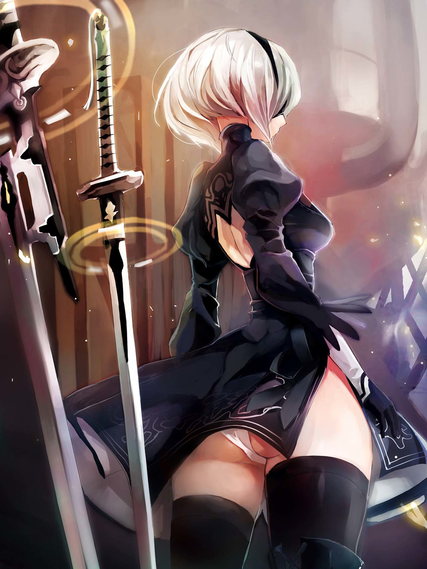 ass back_cutout black_dress blindfold boots dress gloves hairband highres katana leotard nier_(series) nier_automata panties silver_hair solo sword taishi_(picchiridou) thigh_boots thighhighs underwear weapon white_leotard white_panties yorha_no._2_type_b