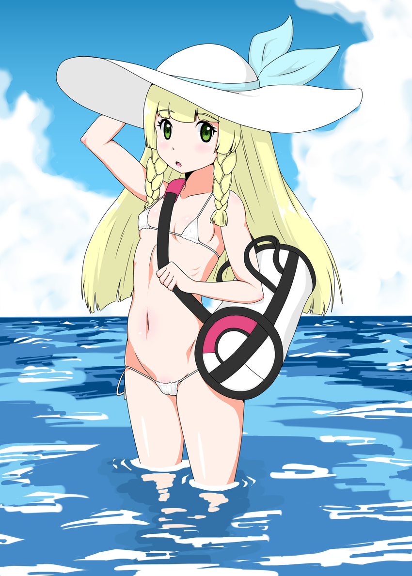 alternate_costume bag bangs bare_arms bikini blonde_hair blunt_bangs braid breasts collarbone day duffel_bag french_braid green_eyes hat highres lillie_(pokemon) long_hair looking_at_viewer micro_bikini navel pokemon pokemon_(game) pokemon_sm small_breasts solo standing sun_hat swimsuit taka_(copyrobot) twin_braids wading white_bikini white_hat