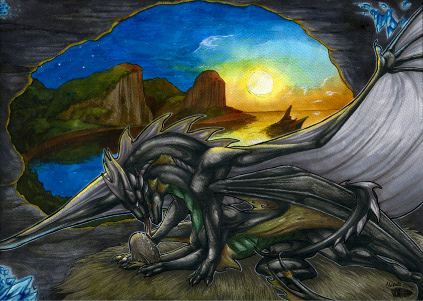 2015 claws day detailed_background dragon duo egg eyes_closed female feral horn licking lying male membranous_wings natoli nude outside smile spines sun tongue tongue_out traditional_media_(artwork) water wings