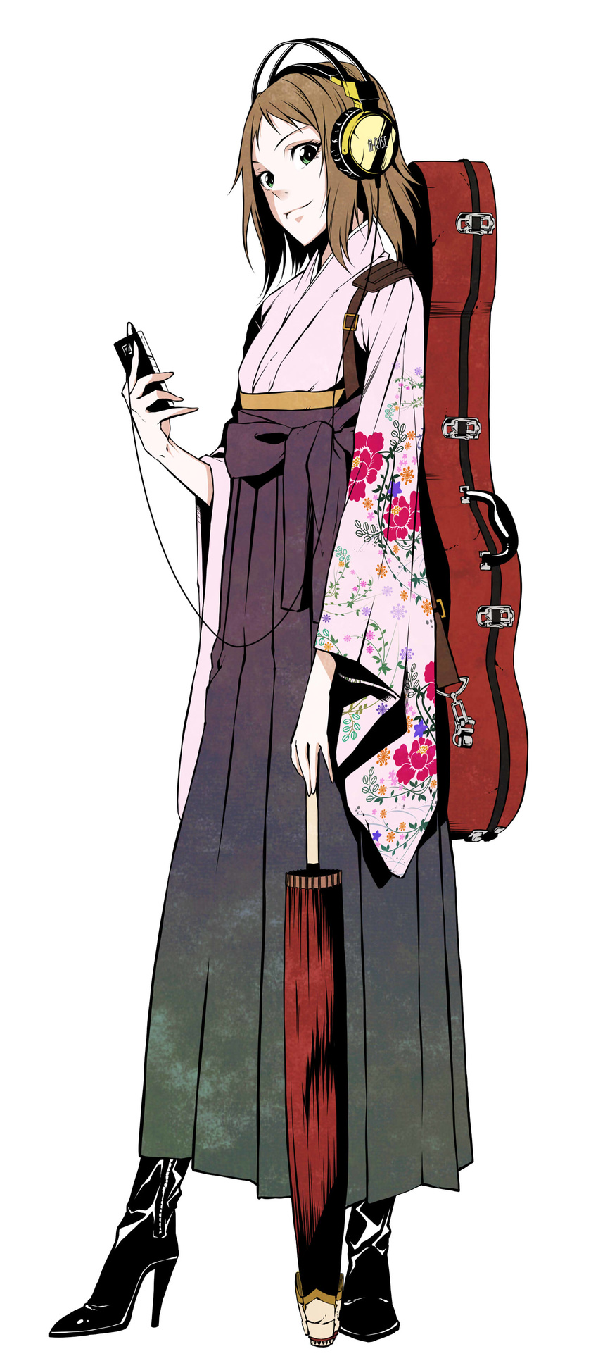 a-rise absurdres brown_eyes brown_hair closed_umbrella full_body guitar_case headphones high_heels highres holding holding_phone holding_umbrella instrument_case japanese_clothes kimono kira_tsubasa looking_at_viewer love_live! love_live!_school_idol_project phone short_hair simple_background solo standing umbrella vice_(kuronekohadokoheiku) white_background