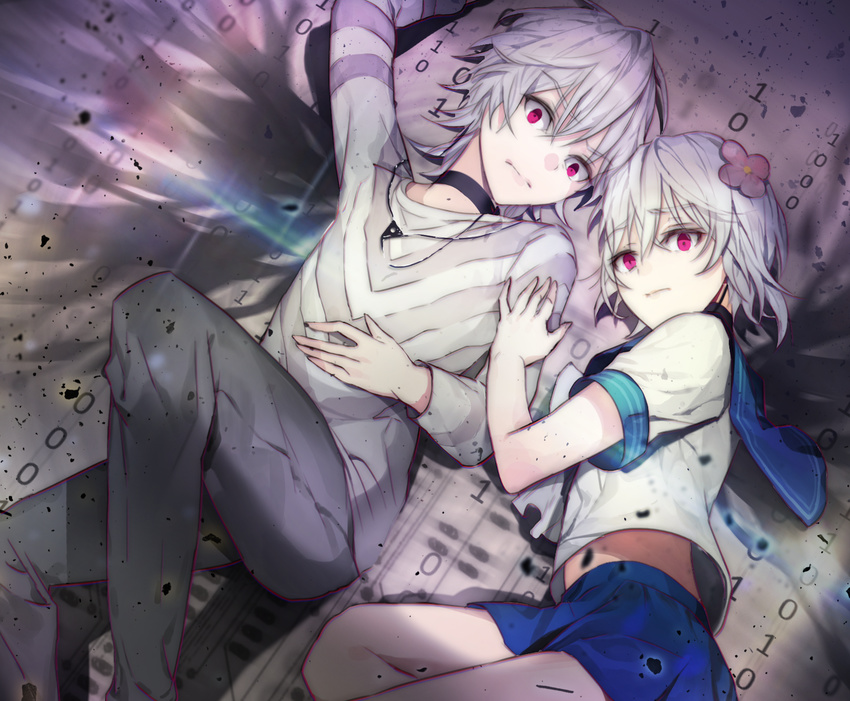 1girl accelerator bad_id bad_pixiv_id blue_skirt choker dual_persona flower genderswap genderswap_(mtf) hair_flower hair_ornament highres j_na looking_at_viewer lying miniskirt on_back on_side pleated_skirt purple_eyes school_uniform serafuku shirt short_hair silver_hair skirt suzushina_yuriko to_aru_majutsu_no_index white_shirt