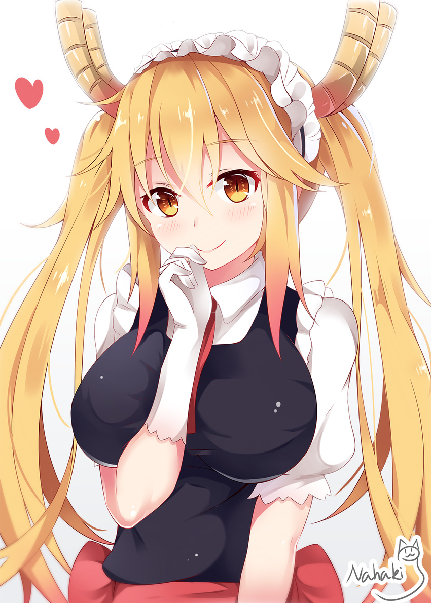 artist_name bangs between_breasts black_vest blonde_hair blush breasts cat closed_mouth dragon_girl dragon_horns eyebrows_visible_through_hair gloves gradient gradient_background hair_between_eyes hand_to_own_mouth highres horns kobayashi-san_chi_no_maidragon large_breasts long_hair looking_at_viewer maid maid_headdress nahaki necktie orange_eyes puffy_short_sleeves puffy_sleeves red_neckwear sash shiny shiny_hair shirt short_sleeves sidelocks signature slit_pupils smile solo tooru_(maidragon) twintails upper_body very_long_hair vest white_background white_gloves white_shirt