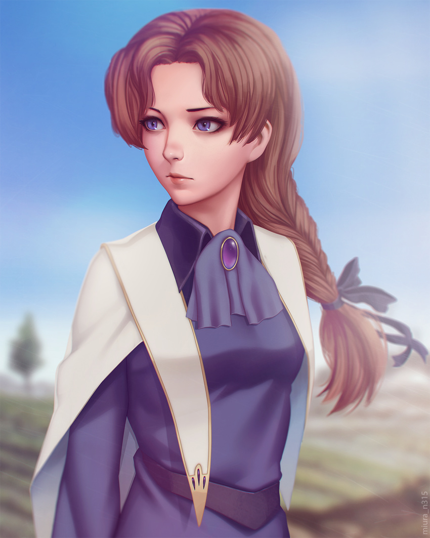 altena artist_name belt blue_eyes blue_sky blurry blurry_background braid brooch brown_hair cape closed_mouth commentary cravat day depth_of_field dress expressionless farm hair_ribbon highres jewelry lips long_hair looking_to_the_side miura-n315 noir nose outdoors purple_dress ribbon single_braid sky solo tree wing_collar