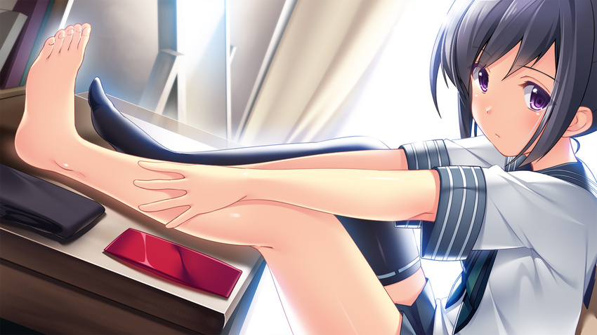 amari_miyako barefoot black_legwear blonde_hair desk feet game_cg hands_on_legs looking_at_viewer no_shoes ore_ni_kanojoga_dekitekara_imoutotachi_no_yousu_ga_okashii purple_eyes ribbon-trimmed_legwear ribbon_trim short_sleeves single_thighhigh skirt solo thighhighs thighs