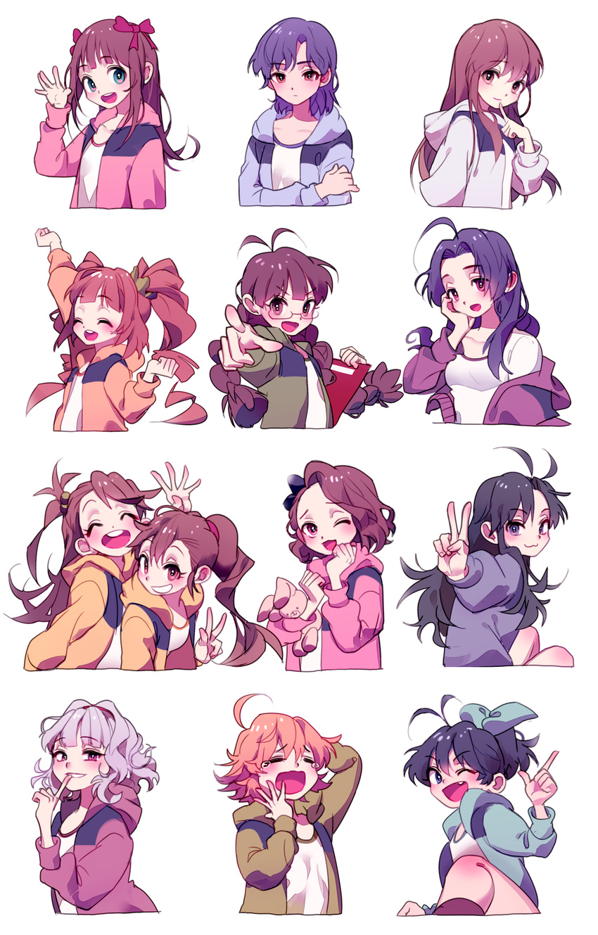 :3 :d ^_^ ahoge akizuki_ritsuko alternate_hair_length alternate_hairstyle amami_haruka antenna_hair black_eyes black_hair blonde_hair blue_hair blush bow braid brown_eyes brown_hair closed_eyes futami_ami futami_mami ganaha_hibiki glasses green_eyes grin hagiwara_yukiho hair_bow hair_ornament hair_ribbon hairband half_updo highres hood hoodie hoshii_miki idolmaster idolmaster_(classic) index_finger_raised inhye kikuchi_makoto kisaragi_chihaya long_hair looking_at_viewer minase_iori miura_azusa multiple_girls older open_mouth orange_hair ponytail purple_eyes ribbon shijou_takane short_hair siblings silver_hair simple_background smile stuffed_animal stuffed_bunny stuffed_toy takatsuki_yayoi tears twin_braids twins twintails v white_background yawning