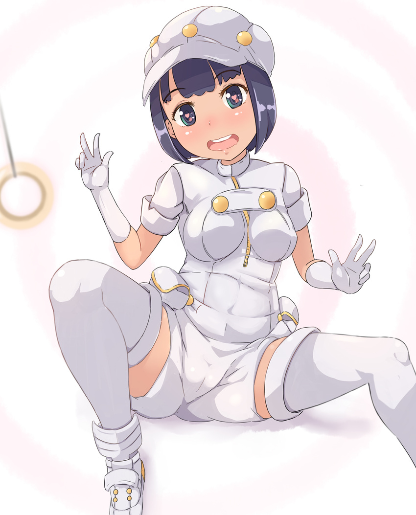 :d aether_foundation_employee alternate_legwear black_hair blue_eyes blush breasts buttons cabbie_hat commentary_request covered_navel dark_skin eyebrows_visible_through_hair gloves hat heart heart-shaped_pupils highres hypnosis medium_breasts mind_control open_mouth pokemon pokemon_(game) pokemon_sm pouch shoes short_hair short_sleeves simple_background sitting smile solo spread_legs symbol-shaped_pupils thighhighs thighs turtleneck uniform white_background white_legwear yuno_(mioalice)