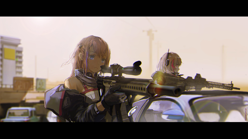 ar-15 assault_rifle blue_eyes blurry blurry_background bugatti bugatti_veyron car day girls_frontline gloves ground_vehicle gun hair_ornament highres holding holding_weapon jacket left-handed letterboxed m4_carbine m4_sopmod_ii m4_sopmod_ii_(girls_frontline) motor_vehicle multicolored_hair multiple_girls novelance pink_hair red_eyes rifle scarf scope st_ar-15_(girls_frontline) weapon