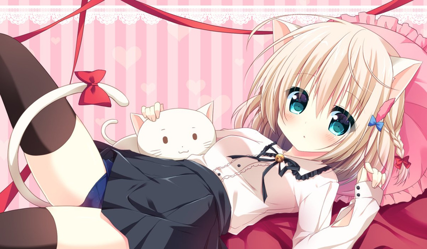 animal_ears aqua_eyes bed_sheet black_legwear black_skirt blonde_hair blue_swimsuit blush braid breasts cat cat_ears cat_girl cat_tail commentary_request frilled_pillow frills hair_ornament hair_ribbon hanamiya_natsuka heart heart_background high-waist_skirt knee_up lace_background long_sleeves lying medium_breasts on_back on_bed original parted_lips pillow pink_background pleated_skirt red_ribbon ribbon school_swimsuit short_hair skirt sleeves_past_wrists solo striped striped_background swimsuit swimsuit_under_clothes tail tail_ribbon thighhighs tress_ribbon vertical-striped_background vertical_stripes white_cat