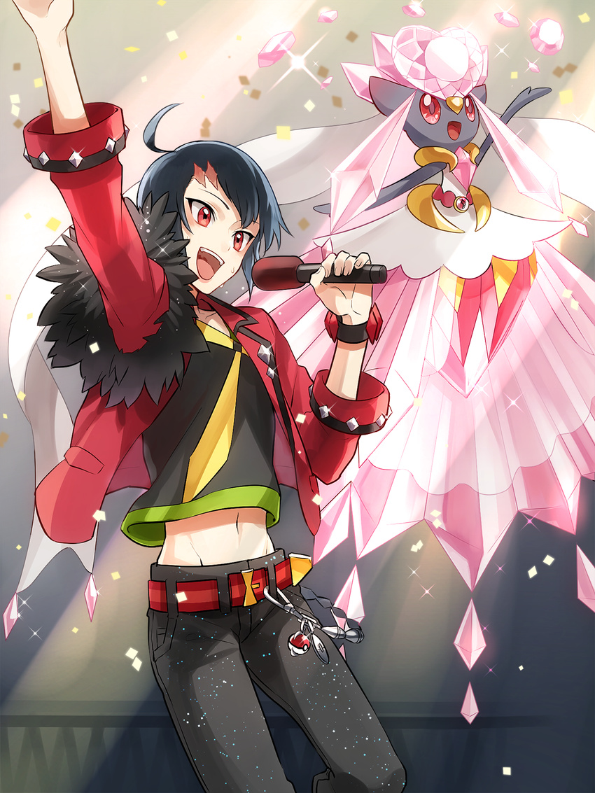 :d adonis_belt ahoge alternate_costume arm_up belt black_hair confetti diancie gen_6_pokemon heart highres holding idol jacket legendary_pokemon male_focus microphone navel open_clothes open_jacket open_mouth pink_lips poke_ball pokemon pokemon_(creature) pokemon_special red_eyes ruby_(pokemon) scar smile sparkle sweat yukin_(es)