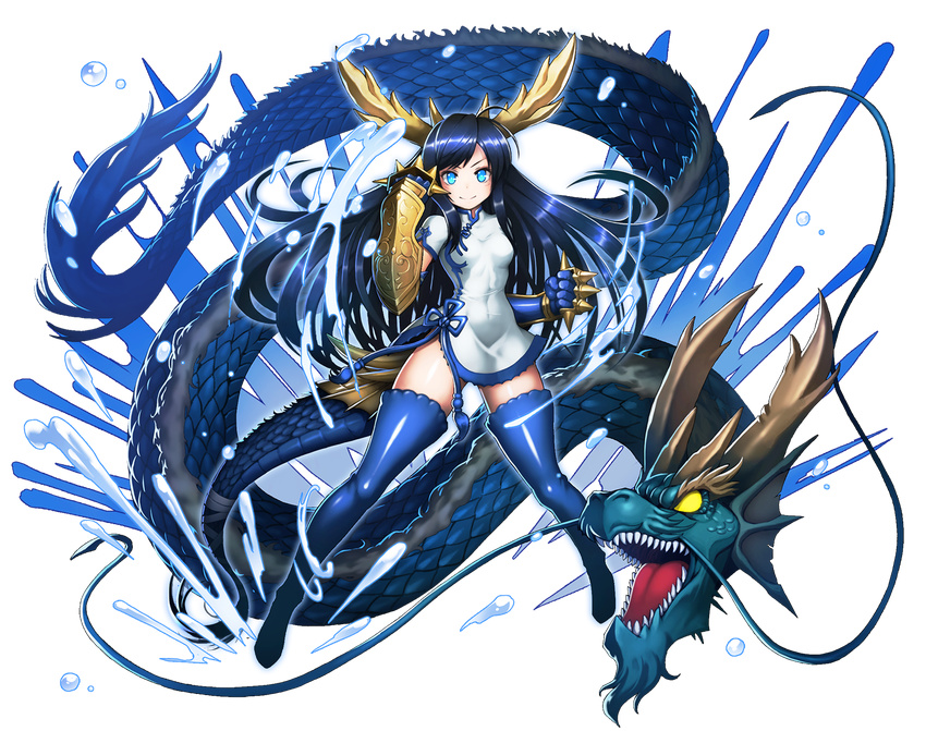 bandages blue_eyes blue_footwear blue_hair blue_legwear boots china_dress chinese_clothes defiaz_(infinity) dragon dragon_girl dragon_horns dragon_tail dress eastern_dragon gauntlets head_fins horns karin_(p&amp;d) long_hair open_mouth puzzle_&amp;_dragons sharp_teeth smile solo_focus spiked_knuckles tail teeth thigh_boots thighhighs water yellow_eyes zettai_ryouiki
